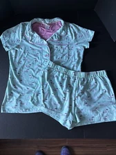 Munki Munki Pajamas PJ 2PC Set SZ L Mint French Dogs Shorts S/S Top Button Up