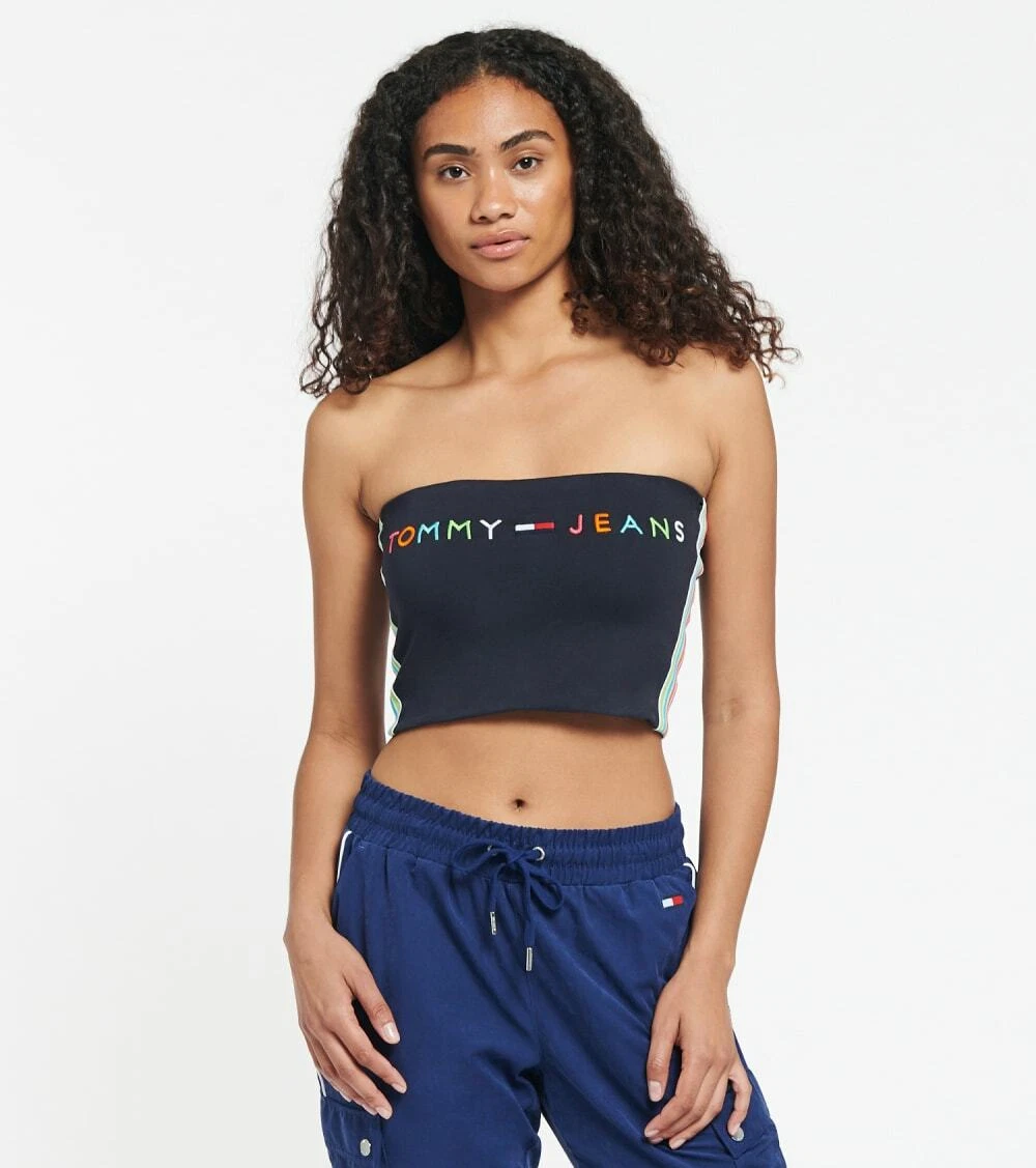 Tommy Hilfiger Flag Logo Bandeau Crop Top Shirt Sky Captain Women&#039;s Size X-LARGE |