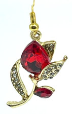 Set Gold Tone Necklace  Earrings with Red Tulips. 24" Chain. Earring 2" drop