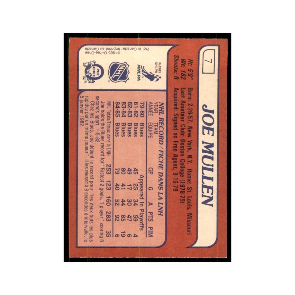 Joe Mullen 1985 O-Pee-Chee #7 St. Louis Blues Hockey Card NM - Image 2 of 3