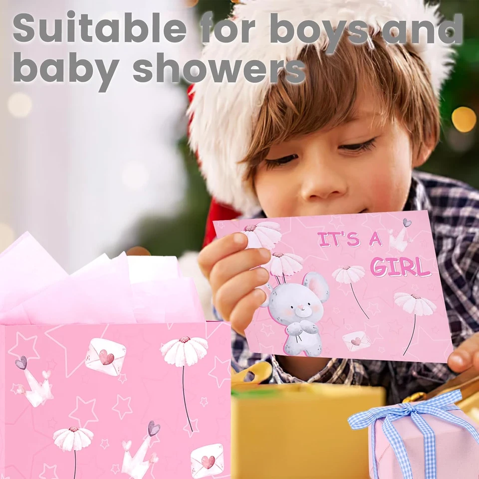 Bolsa de Regalo Bebé Niña, Bolsas de Regalo Rosa 13" con Cinta de Papel Pañuelo y Coche de Saludo Foto 4 de 4