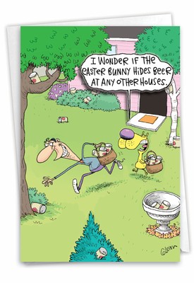 Easter Card: Easter Bunny Hides Beer McCoy Cartoon Greeting Card w Envelope