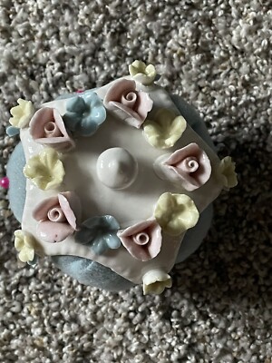 Ardalt Crown Pin Cushion Porcelain Blue Yellow Pink Pastel Applied Flowers Japan