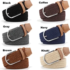 Men's Belt Elastic Stretch Waistband Woven Leather Tip Silver Buckle Male Straps