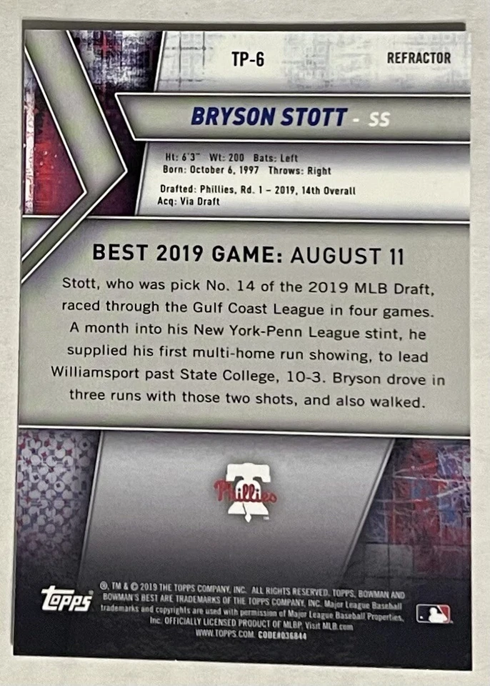 2019 Bowman’s Best Baseball Bryson Stott Refractor #TP-6 Philadelphia Phillies - Image 2 of 2