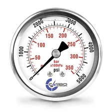 2-1/2" Pressure Gauge, Stainless Steel Case, Liquid Filled, Back Mnt 5000 PSI