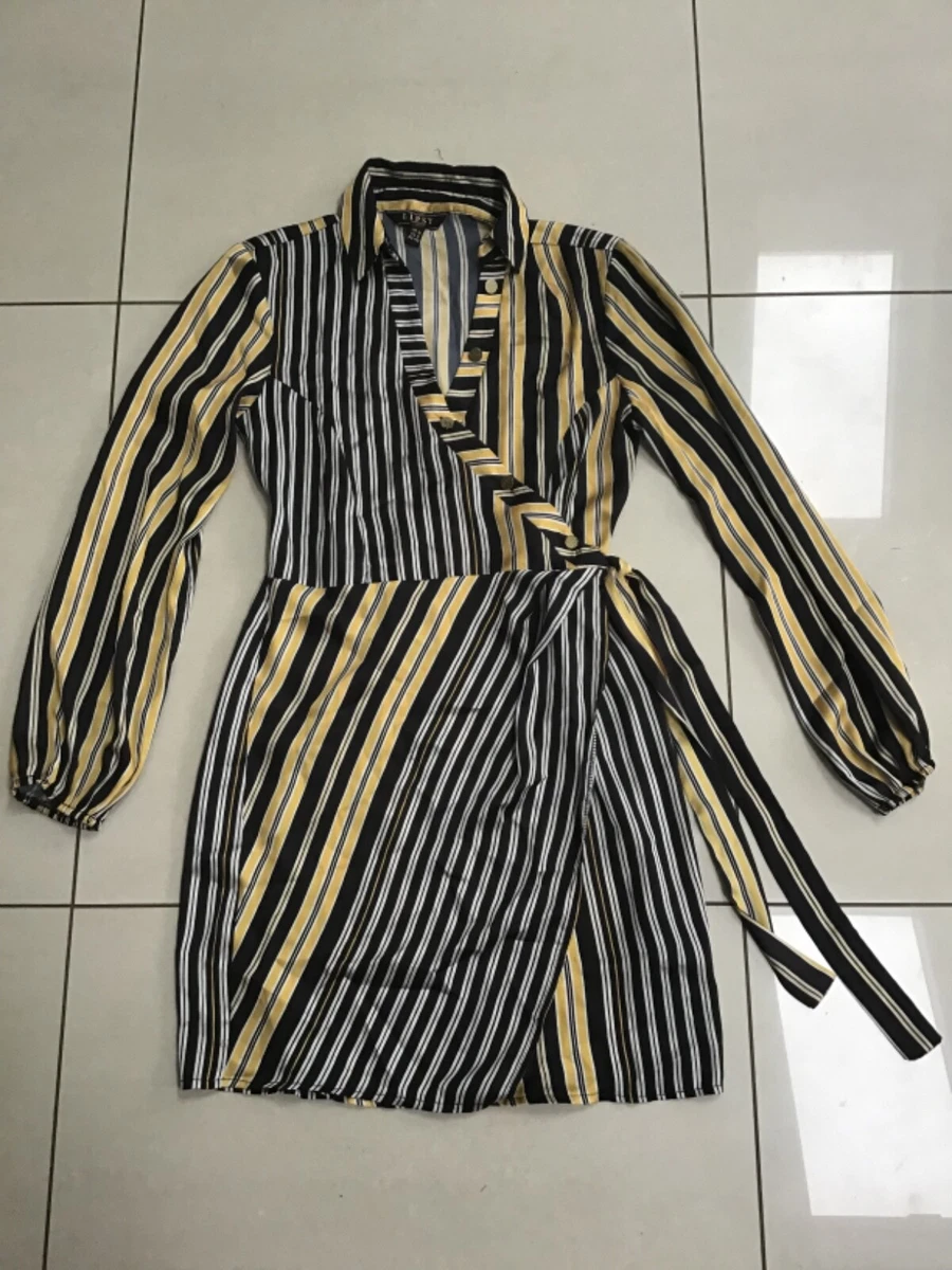 Lipsy Wrap Shirt Dress Gold Black Stripes UK12 eBay