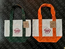 Trader Joe’s Mini Canvas Tote Bags - Set of 2 - Green w/ Orange Crew Bag - NWT!