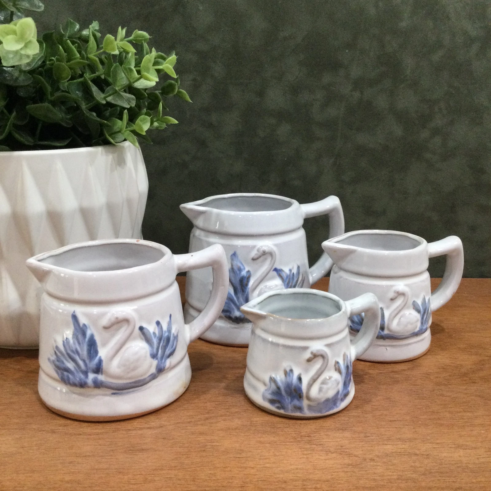 Set/4 Vintage SWAN Measuring Cups, Blue/Grey, 1C, 3/4C, 1/2C & 1/4C, Stoneware