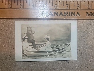 Women in Fake Lake Ontario Rowboat RPPC Olcott Beach New York Tonawanda 