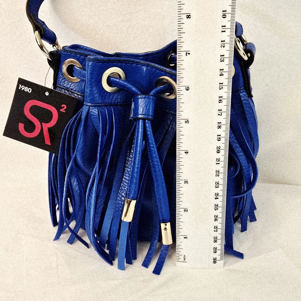 SR2 Cobalt Blue Leather Fringe Bucket Crossbody Strap Purse Boho adjust pull - Image 3 of 4