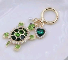 Green Rhinestone TURTLE Keychain Keyring Key Chain Ring Purse Charm Stones New