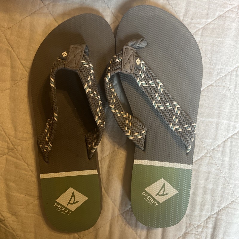 Sperry Women’s Gray &Teal Flip Flops Sandals Nautical Braided Strap Shoes Sz 8M
