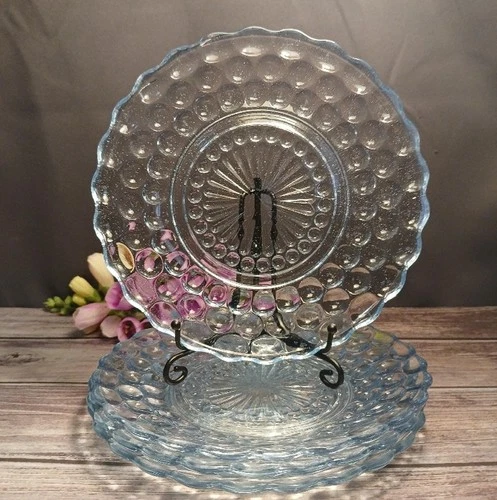 4 Anchor Hocking Bubble Sapphire Blue 6 3/4" Bread / Dessert Plates Vtg 1940s