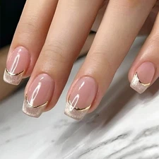 Nude French Press on Nails Short Almond with Gold Line Design, Nude French Ti...
