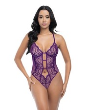 Teddy Bodysuit Purple Crotchless Carmen Lace Mesh Underwire Crotchless Teddy