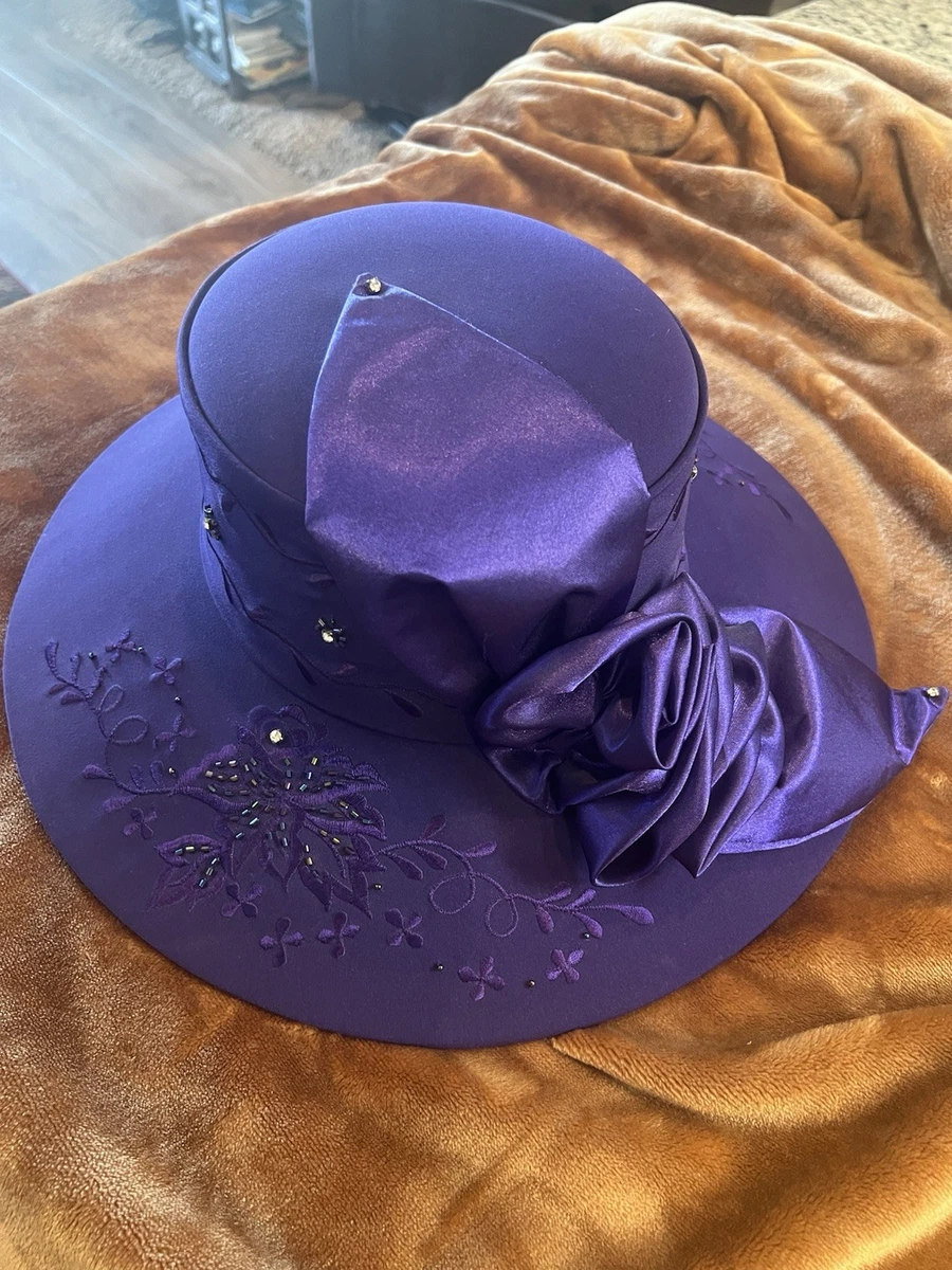 Donnavinci Black Velvet Wool Women\'s Hat with Purple Bow & Long Feather Accent Donna Vinci Hat Church Purple Feather | eBay main image 4