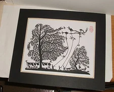JAPANESE STENCIL PAPER CUT KID FLYING KITES LANDSCAPE PRINT SIGNED BY THE ARTIST