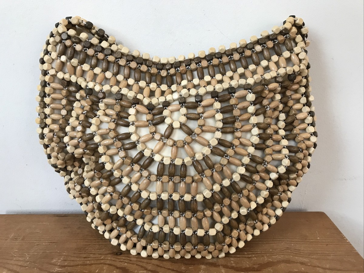 ショルダーバッグ・ポシェット RUBATI Handmade tassel wooden bead bag brown Wooden Beaded Bucket Bag, Beige Bamboo Handmade Shoulder Bag