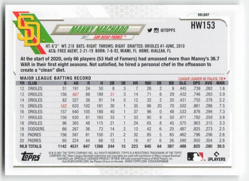 2021 Topps Holiday #HW153 Manny Machado San Diego Padres 1011 - Picture 2 of 2