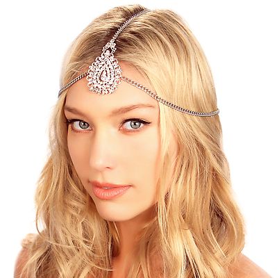 Kristin Perry Silver Tikka Crystal Pendant Chain Bridal Headpiece