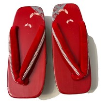 VTG Japanese Red  Black Enamel Wooden Geisha Geta Shoes Clogs Sandals 5