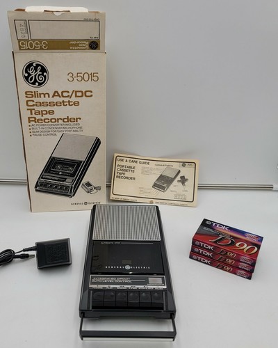 GE 3-5015 Slim AC/DC Cassette Tape Recorder - Original Box & AC Adapter w/ Tapes