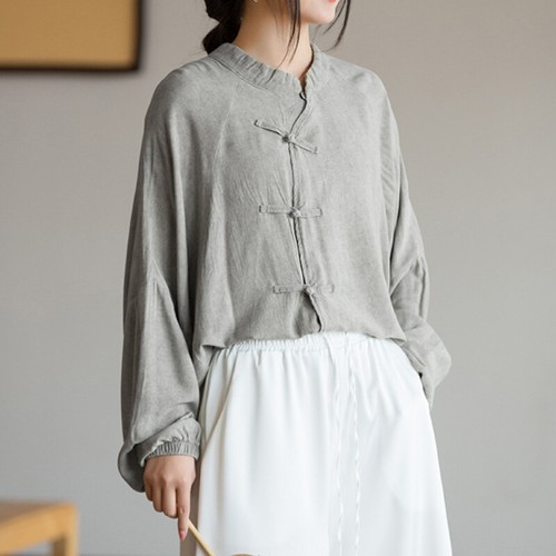 Damen Baumwolle Leinen Bluse Shirt Top Frosch Knopf Ethno Fledermausärmel Shirt locker - Bild 3 von 22