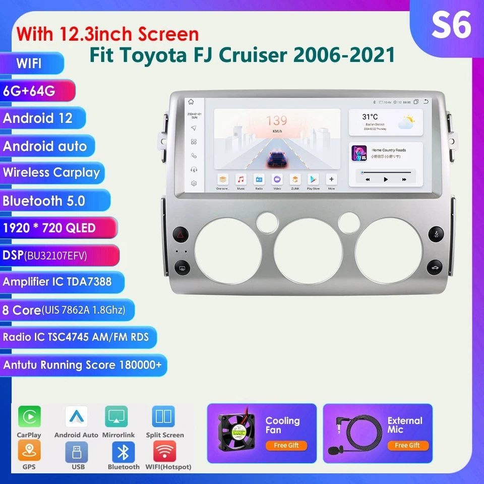 Radio estéreo para automóvil 6+64G Android 12.3" para Toyota FJ CRUISER unidad principal GPS Carplay Foto 2 de 4