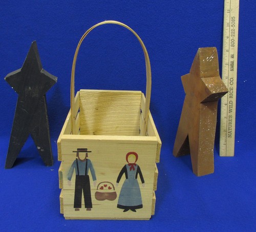 Lote de 3 canasta de madera primitiva del país con estrellas de madera alargadas decoración del hogar - Imagen 3 de 4
