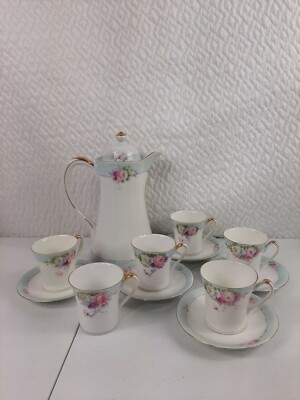 Antique Noritake Morimura Green Mark Chocolate Set Floral Gold Trim