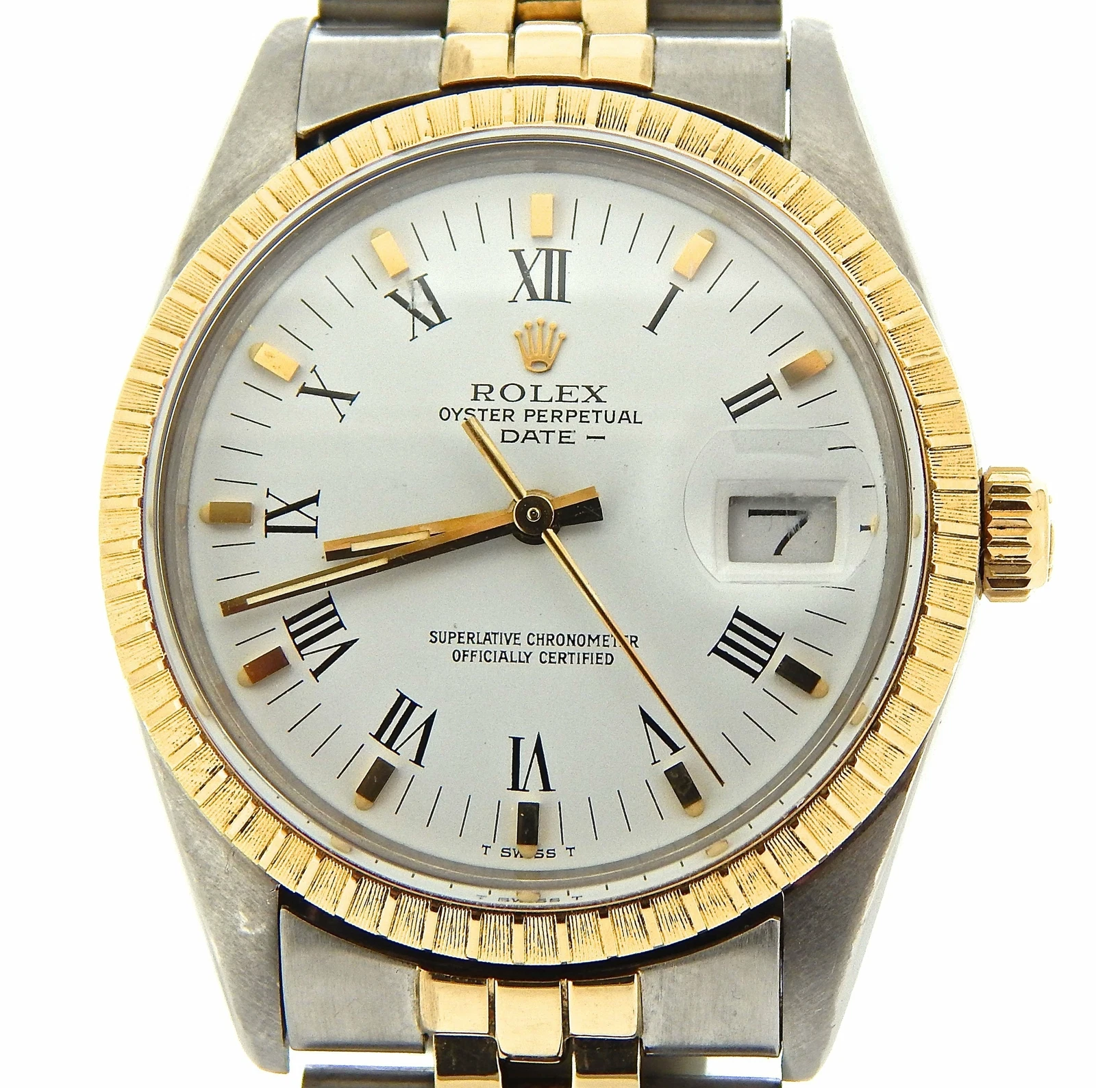 Rolex — Rolex Date 15053 Mens 2Tone Stainless Steel Yellow Gold Watch White Roman Dial