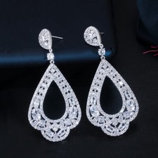 Silver Plated Cubic Zirconia Long Dangle Drop Earrings for Women Wedding Banquet