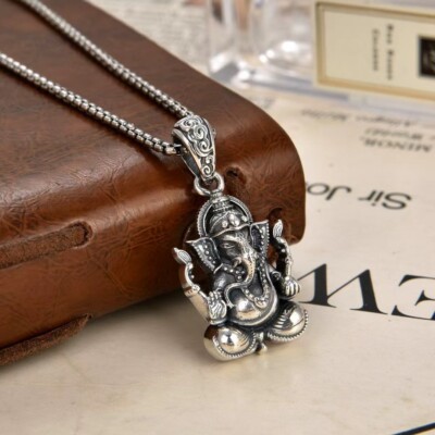 S925 Thai Silver GANESHA Pendant Hindu God Good Luck Amulet Remover Obstacles 