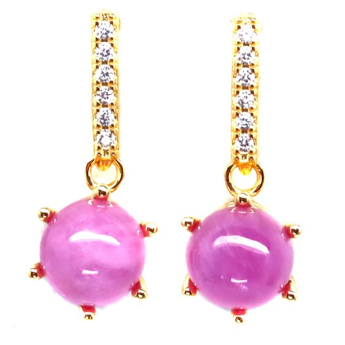 925 Sterling Silver 7 MM. Pink Ruby & White Zircon Earrings 18K Gold Plated