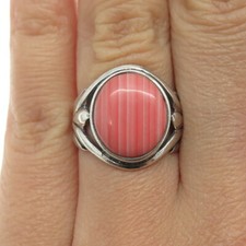925 Sterling Silver Vintage Real Pink Agate Floral Oxidized Ring Size 6.75