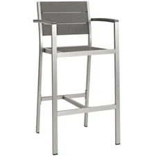 Modway Shore Outdoor Patio Wood and Aluminum Bar Stool in Silver/Gray