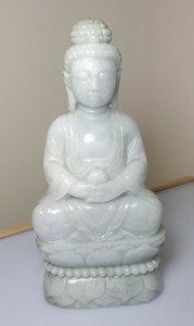 A Lovely Late Qing Dynasty Large Pale Green Jade Carving Of A Seated Buddha.