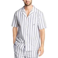 Nautica Mens White Striped Short Sleeve Button Down Sleep Shirt M