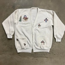 Vintage 90s Christmas Snowman Size Large White Grandmacore Button up Cardigan