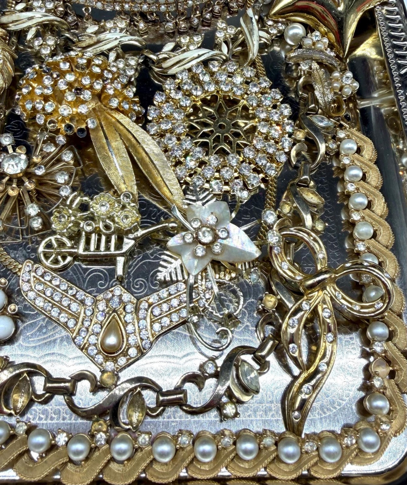VINTAGE Gold Tone Broken Clear Rhinestone Costume Jewelry Lot Repair Brooch