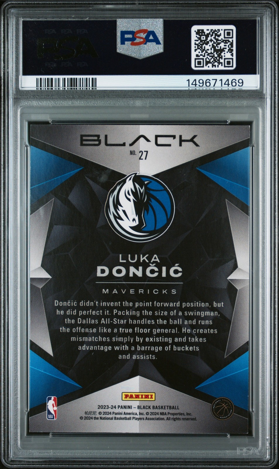 2023 Panini Black #27 Luka Doncic Silver PSA 8 #/75 view 2