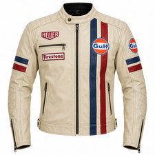 Men's Genuine Leather Racing Jacket Vintage Motorcycle Biker Retro Striped Coat