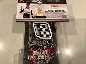 DENNY HAMLIN AUTOGRAPHED 2025 SPORT CLIPS DARLINGTON WIN CHROME DIECAST & CARD