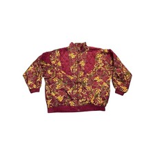 1990s Lauren Brooke Burgundy Gold Luxury Patterned Zip Up Nylon Windbreaker 1X