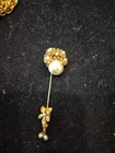 Vintage Miriam Haskell Stick Pin Signed Faux Pearl Gold Filigree Floral Dangle