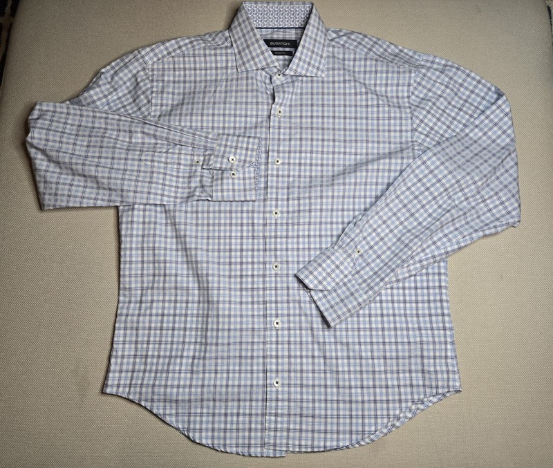 BUGATCHI Shaped Fit Mens Button Up SHIRT Long Sleeve Blue Plaid MEDIUM