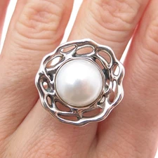 HAGIT GORALI Sterling Silver Vintage Israel Pearl Modernist Flower Ring Size 6.5