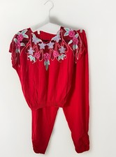 Vintage 2 Pc Set Rayon Embroidered Jensen Red Jogger Tropical Floral Resort Wear