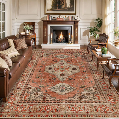 Boho 6x9 Washable Area Rug - Vintage Non-Slip Soft Carpet for Home Decor